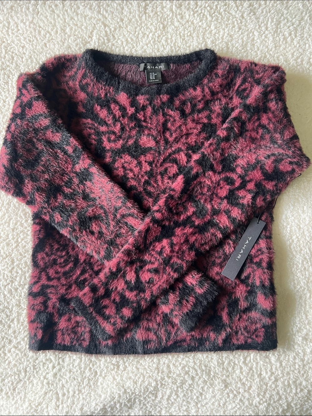 Tahari Dark Rose and Black Fuzzy Crewneck Patterned Sweater- NWT